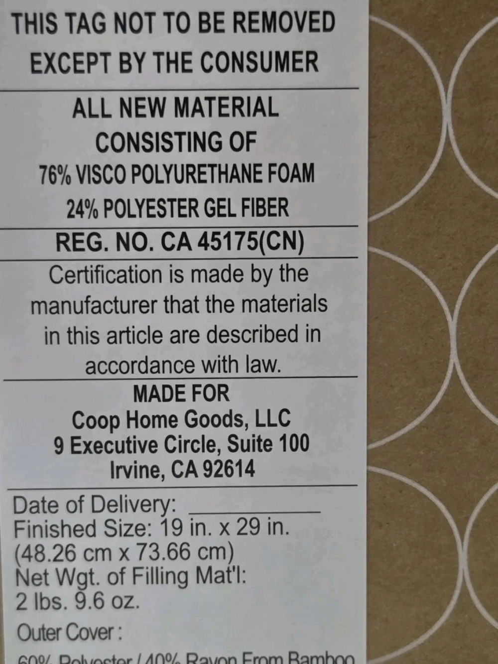 Coop Home Goods The Original Queen Memory Foam Pillow NEW